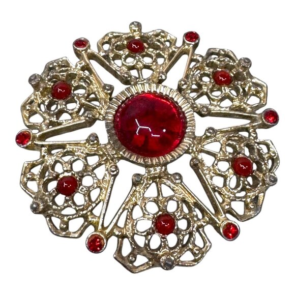Sarah Coventry Vtg Gold Tone Brooch Red Rhinestones 2" Star Starburst Statement - Picture 1 of 5